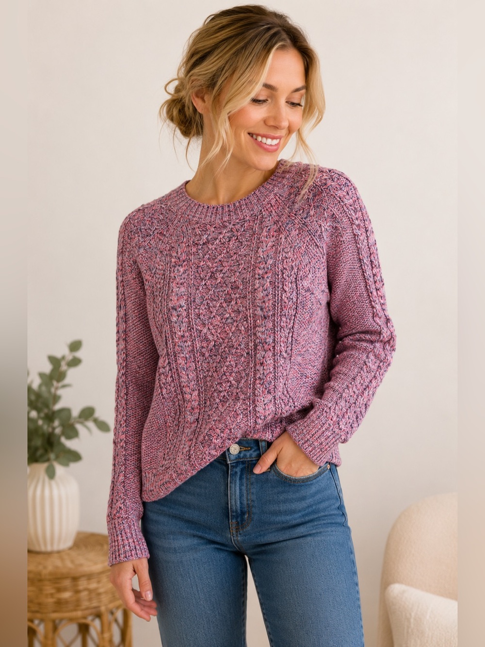 NWT GAP Cable Knit Crewneck Sweater Pink Blue Marled Tall Small S Tall